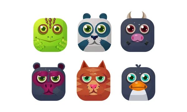 Conjunto de animais bonitos, ícones de aplicativos quadrados, ativos para GUI, web design, camaleão, panda, touro, urso, gato, pinguim vetor Ilustração —  Vetores de Stock