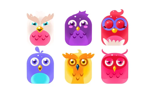 Cute funny birds set, colorful glossy birdies vector Illustration — Stock Vector
