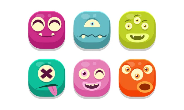 Συλλογή από πολύχρωμα κουμπιά emoticon με διαφορετικά συναισθήματα, emoji τέρατα διανυσματικά εικονογράφηση — Διανυσματικό Αρχείο