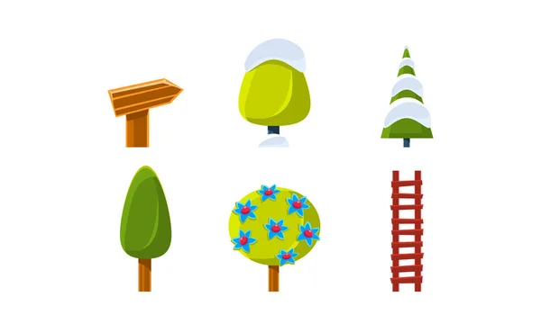 Verano e invierno naturaleza paisaje elementos conjunto, activos para GUI o diseño web vector Ilustración — Vector de stock