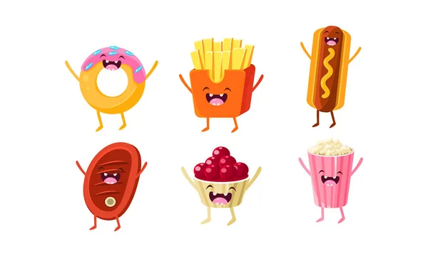 Funny fast food characters set, donut, papas fritas, hot dog, filete de carne, helado, palomitas de maíz vector Ilustración — Vector de stock