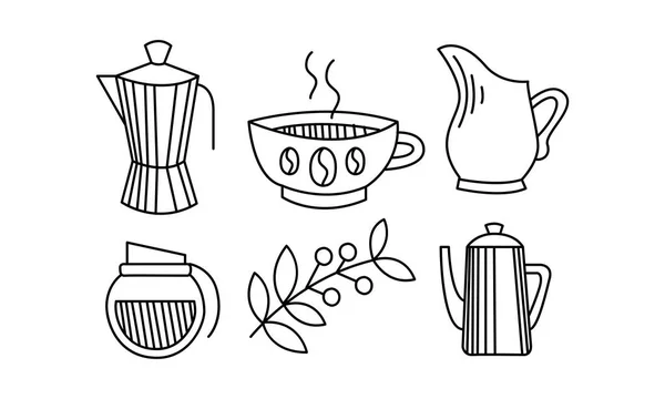 手の描かれた食器、コーヒー テーマ スケッチ、コーヒー ポット、カップ、ミルク水差し、砂糖をボウルのベクトル図 — ストックベクタ