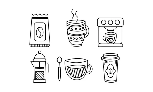 Conjunto de utensílios de cozinha desenhados à mão, cafeteira, caneca, máquina de café, vetor de copo de papel descartável Ilustração —  Vetores de Stock