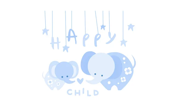 Niño feliz, lindo cartel de los niños con un elefante en colores azules, plantilla se puede utilizar para la invitación, tarjeta, cartel, vector de banner Ilustración — Vector de stock