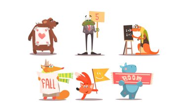 Sevimli insanlaşmış hayvanlar kümesi, farklı işaretler ile komik hayvanlar illüstrasyon vektör