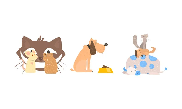Смешные персонажи животных в различных ситуациях, кошки и мыши, собаки, спящие животные вектор Иллюстрация — стоковый вектор