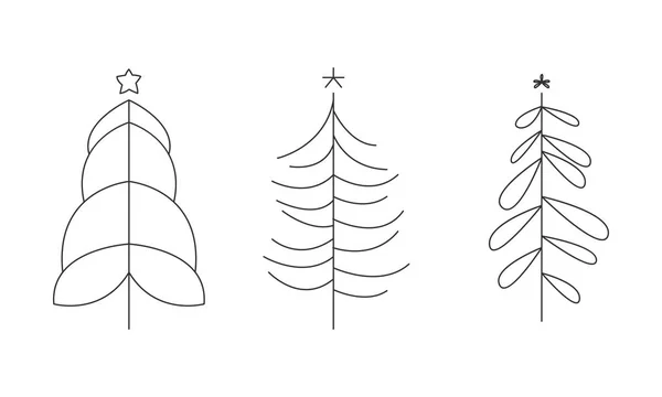 Conjunto de árboles de Navidad, árboles forestales de coníferas monocromáticas dibujadas a mano con vector de líneas de contorno Ilustración — Vector de stock