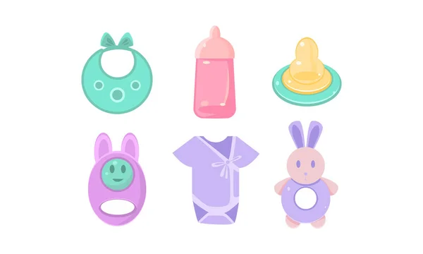 Set di icone per la cura del bambino, bavaglino, biberon, capezzolo, body, sonaglio, accessori per l'infanzia, baby shower e neonato concept vector Illustrazione — Vettoriale Stock