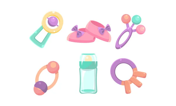 Conjunto de iconos de cuidado del bebé, accesorios de guardería, ducha del bebé y vector concepto recién nacido Ilustración — Vector de stock