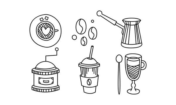 Hand getekende keukengerei, koffie thema schetsen, turk, koffiebonen, slijper, cup, vector illustratie — Stockvector