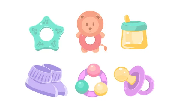 Set di icone per la cura del neonato e del bambino, accessori per la scuola materna, baby shower e neonato concetto di vettore Illustrazione — Vettoriale Stock