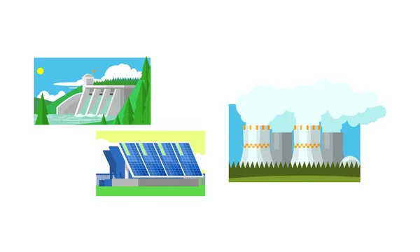 Central eléctrica, paneles solares, central hidroeléctrica, vector de producción de energía limpia y contaminante Ilustración — Archivo Imágenes Vectoriales