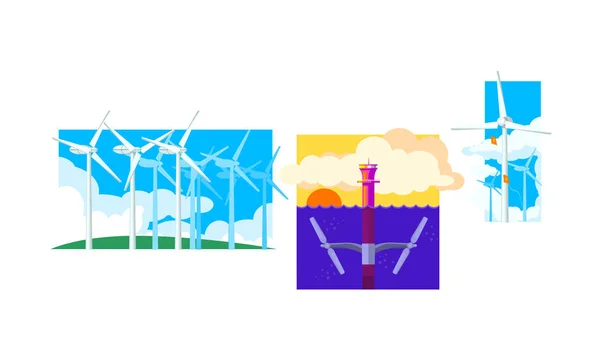 Wind- und Wasserturbinen, erneuerbare Energien. Illustration zur Produktion sauberer Energie — Stockvektor