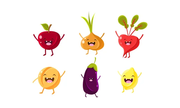 Lindo conjunto de personajes de frutas y verduras, manzana, cebolla, remolacha, berenjena, vector de limón Ilustración — Vector de stock