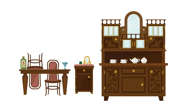 Retro sala de jantar interior com mesa, cadeiras e aparador vetor Ilustração —  Vetores de Stock