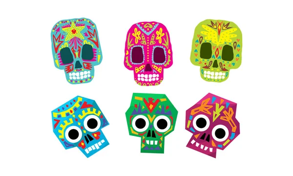 Crânes de sucre mexicain ensemble, Jour des morts symboles colorés vecteur Illustration — Image vectorielle