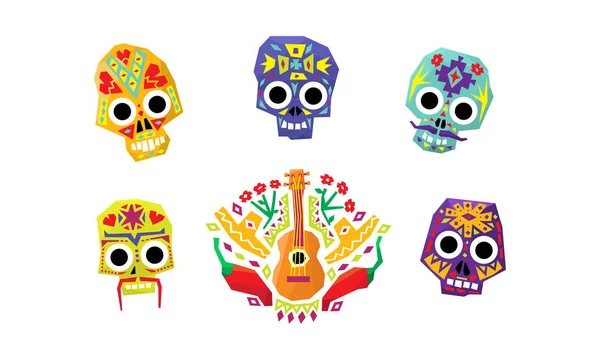 Conjunto de calaveras de azúcar mexicanas, Día de los muertos, vector de símbolos culturales mexicanos Ilustración — Archivo Imágenes Vectoriales