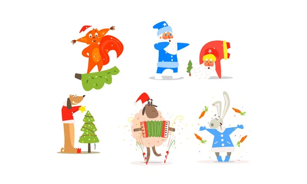 Смешные рождественские персонажи для дизайна зимних праздников, новогодних и рождественских коллекций — стоковый вектор