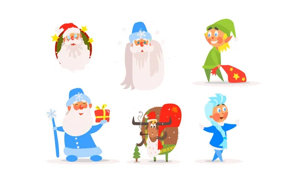 Roliga jul tecken för vintern semester design, Santa Claus, Snow Maiden, elf, ram, nyår och jul samling vektor Illustration — Stock vektor