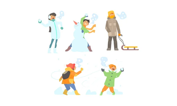 Winter activities set, making snowman, playing snowballs, kids having fun and enjoying snow vector Illustration — Stock Vector