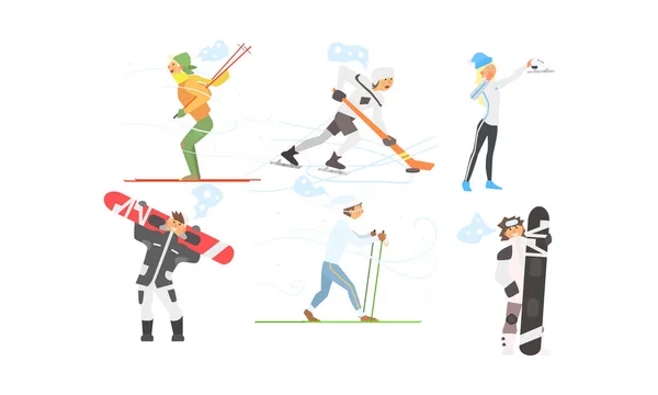 冬のスポーツ活動を設定、スキー、ホッケー、フィギュア スケート、スノーボード ベクトル図 — ストックベクタ