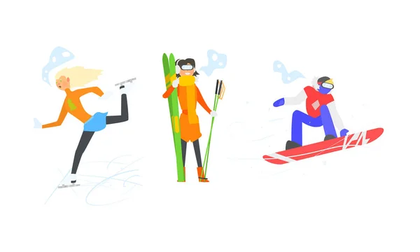 冬のスポーツ活動を設定、スキー、スケート、スノーボード、冬の休暇のためのベクトル図 — ストックベクタ