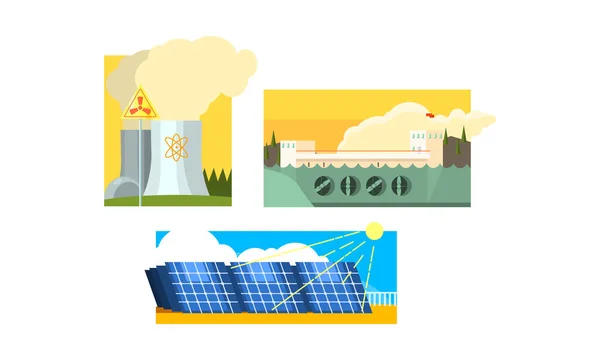 Central eléctrica, paneles solares, central nuclear, producción de energía limpia y contaminante, vector de fuentes de energía no renovables y alternativas Ilustración — Archivo Imágenes Vectoriales