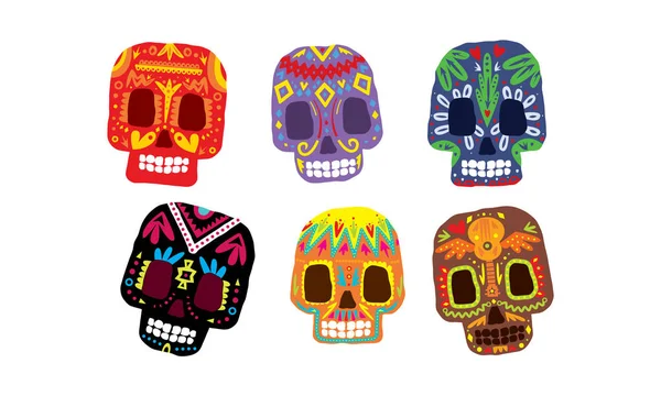 Crânes de sucre mexicain ensemble, Jour des morts symboles colorés, Dia de los muertos vecteur Illustration — Image vectorielle