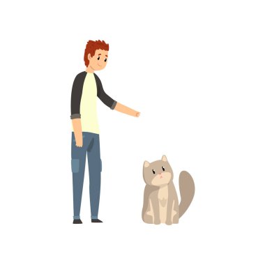 Kedi onun erkek evde beslenen hayvan sahip vektör çizim ile genç adam