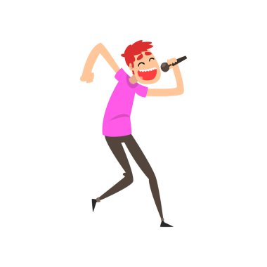 Genç adam mikrofon, pop şarkıcısı vektör çizim bir şarkı söylerken