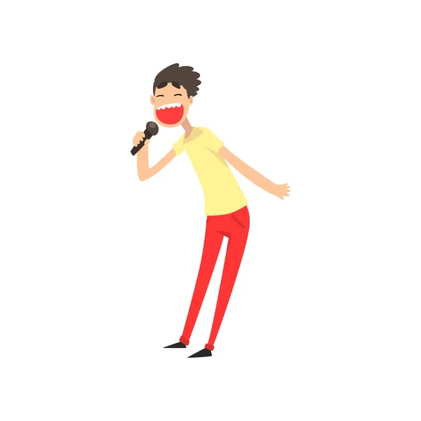 Emocionální mužské zpěvák zpívá píseň s mikrofonem, guy na jevišti vektorové ilustrace — Stockový vektor
