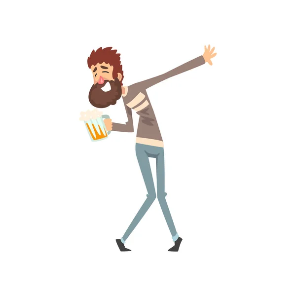 Hombre borracho con jarra de cerveza en la mano, personaje divertido bebiendo alcohol vector Ilustración — Vector de stock