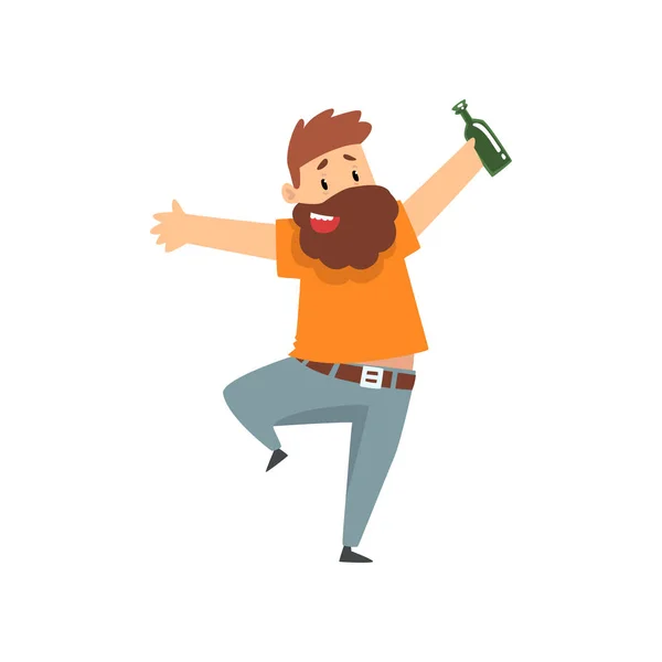 Sarhoş sakallı adam alkol ile içki içme alkol vektör çizim komik adam karakteri, elinde — Stok Vektör
