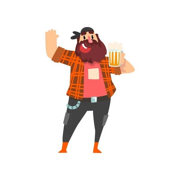 Brutal drunk man with mug of beer in his hand, male character drinking alcohol vector Illustration — Stock Vector