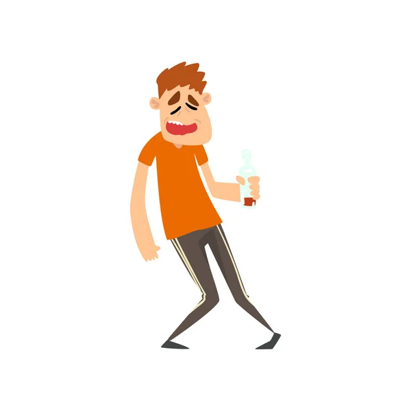 Hombre borracho con botella de bebida alcohólica en la mano, personaje masculino bebiendo alcohol vector Ilustración — Vector de stock