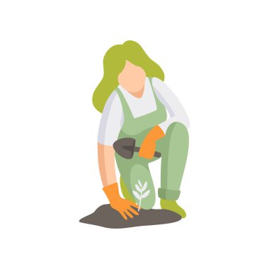 Kız dikim fide, bahçede, emekçilerin tarım ürünleri büyüyen işçi illüstrasyon vektör