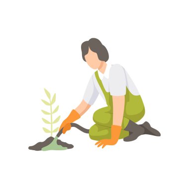 Kız bir hortum ile sulama fidan, bahçede, emekçilerin tarım ürünleri büyüyen işçi illüstrasyon vektör