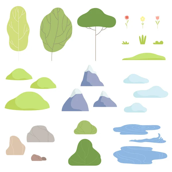 Trees, plants, flowers, mountains, clouds, lake, collection of nature landscape constructor design elements vector Illustration