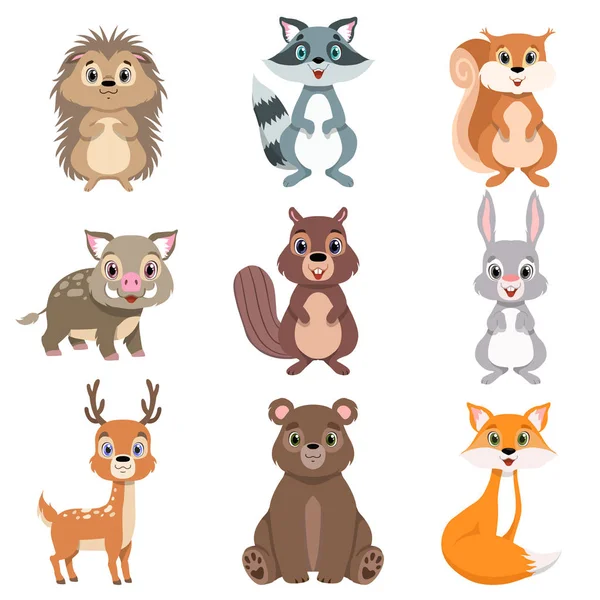 Cute forest animals and birds set, squirrel, hare, boar, raccoon, hedgehog, fox, bear, deer cartoon characters vector Illustration — Stock Vector
