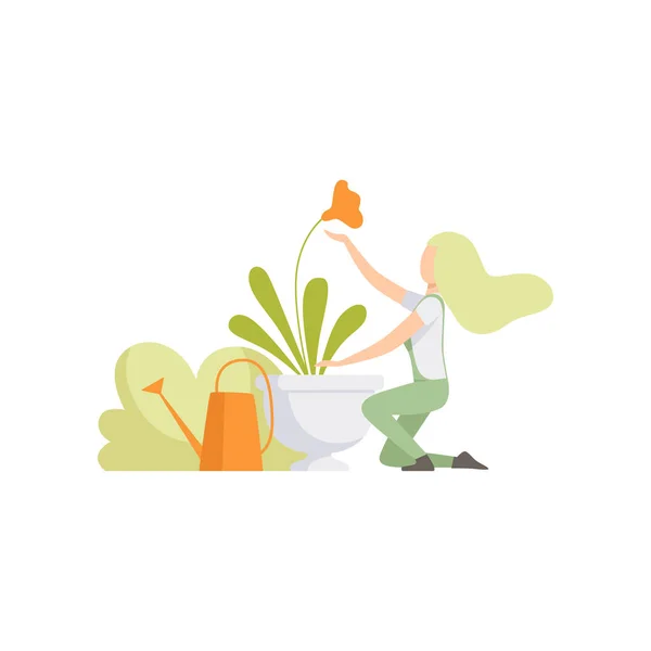 Meisje verzorgen en drenken bloemen in de tuin, mensen die werken in de tuin vector illustratie — Stockvector
