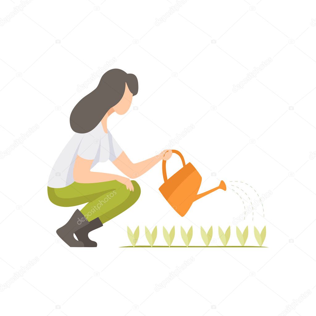 Girl watering seedlings with a watering can, woman working in the garden, worker growing agricultural products vector Illustration