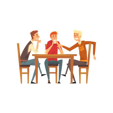 Erkek arkadaşlar eğleniyor, Grup bir kafede konuşurken adam en iyi arkadaş kavramı vektör çizim