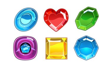 Vektör çeşitleri 6 parlak taşlar ayarlayın. Değerli taşlar. Mobil oyun için öğeleri