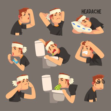 Sick man with a bandaged head, with a headache set, person suffering from headache, nausea, vomiting vector Illustration clipart