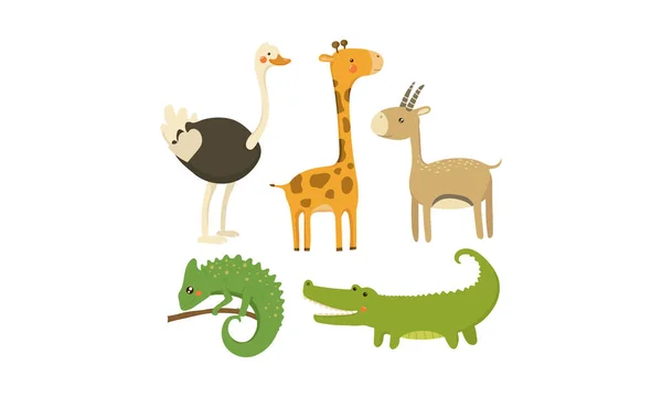 Ensemble de vecteurs plats d'animaux africains. Des créatures sauvages. Personnages de dessin animé mignons. Eléments pour jeu mobile ou livre pour enfants — Image vectorielle