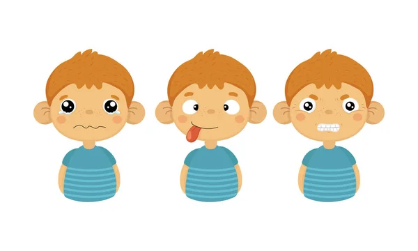 Flache Vektor-Set von niedlichen kleinen Jungen mit verschiedenen Gesichtsausdrücken. Weinendes Kind, Zunge raus und wütende Emotion — Stockvektor