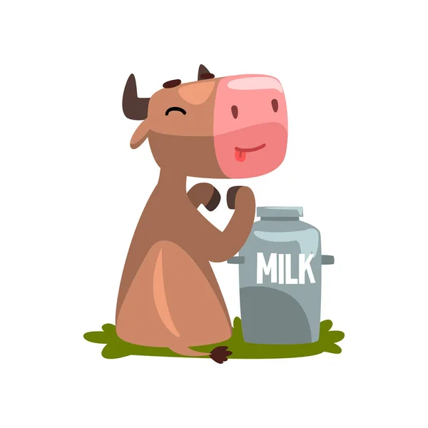 Divertente mucca marrone con lattina di latte, fattoria animale personaggio dei cartoni animati vettore Illustrazione — Vettoriale Stock