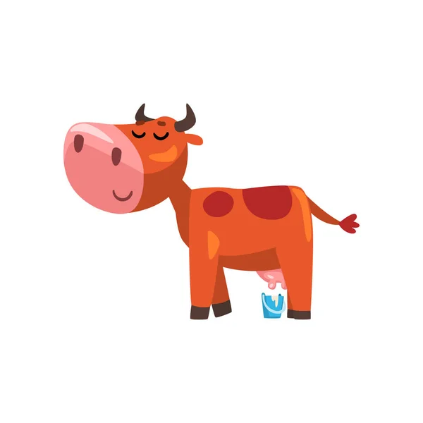 Vaca marrom engraçada da ordenha, caráter dos desenhos animados do animal da fazenda, elemento do projeto pode ser usado para anunciar, pacote do leite, vetor do alimento do bebê Ilustração — Vetor de Stock