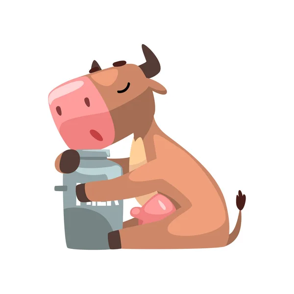La latta marrone divertente del latte di abbraccio della mucca, il carattere del fumetto animale della fattoria, elemento di design può essere utilizzato per la pubblicità, il pacchetto del latte, illustrazione del vettore dell'alimento per bambini — Vettoriale Stock