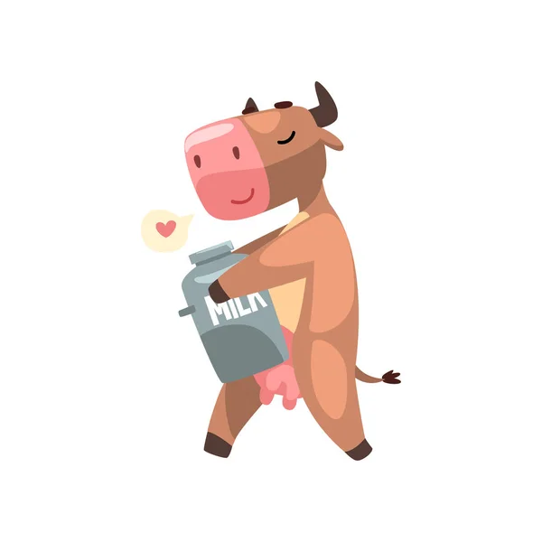 Vaca marrom engraçada com lata de leite, personagem de desenhos animados de animais de fazenda, elemento de design pode ser usado para publicidade, pacote de leite, vetor de alimentos para bebês Ilustração — Vetor de Stock